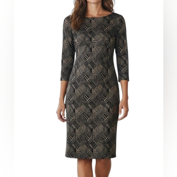 Sharagano Black and Tan Bodycon Geometric Midi Dress Size 10 - Picture 1 of 11